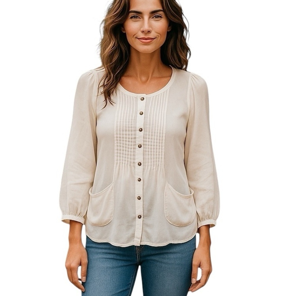 Grace Elements Medium Ivory Long Length Blouse Round Neck Button Front Modest